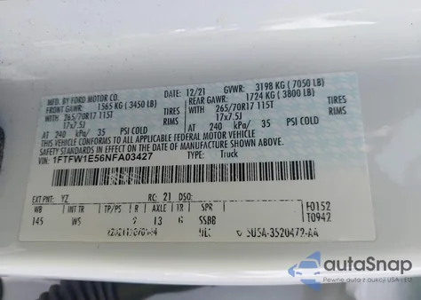 2022 Ford F-150 Xl z USA, uszkodzony, nr VIN 1FTFW1E56NFA03427